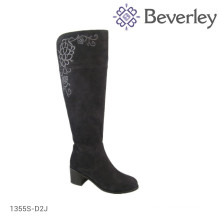 Embroidered cowhide leather black women boot, winter fur boot